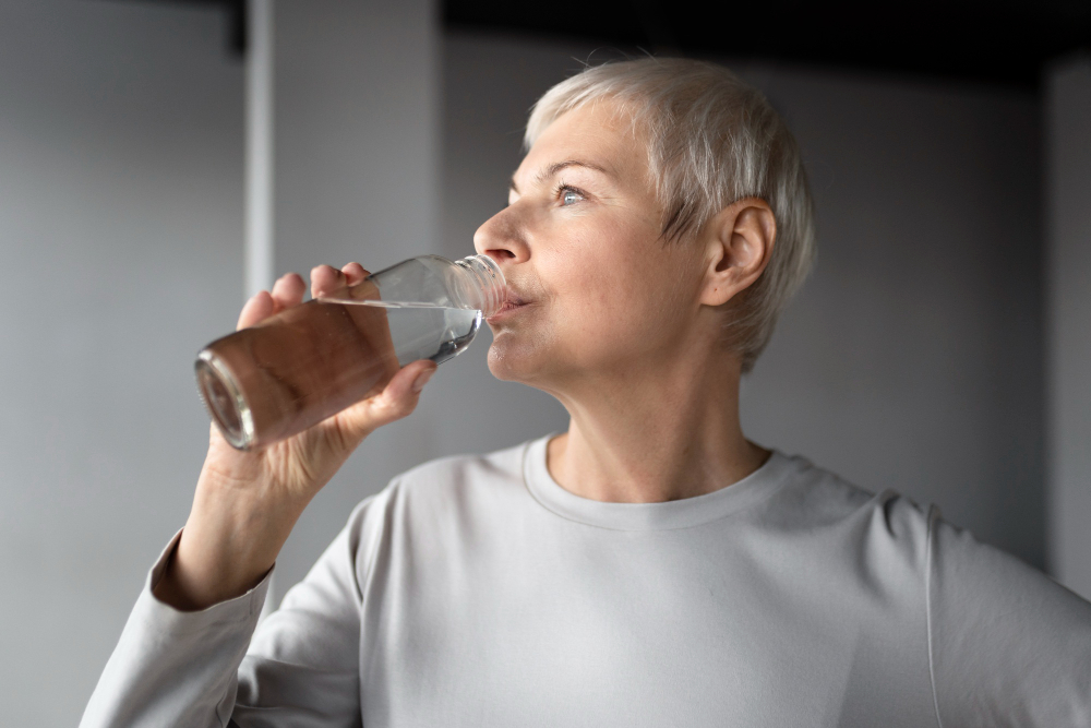 Elderly woman staying hydrated with a glass of water