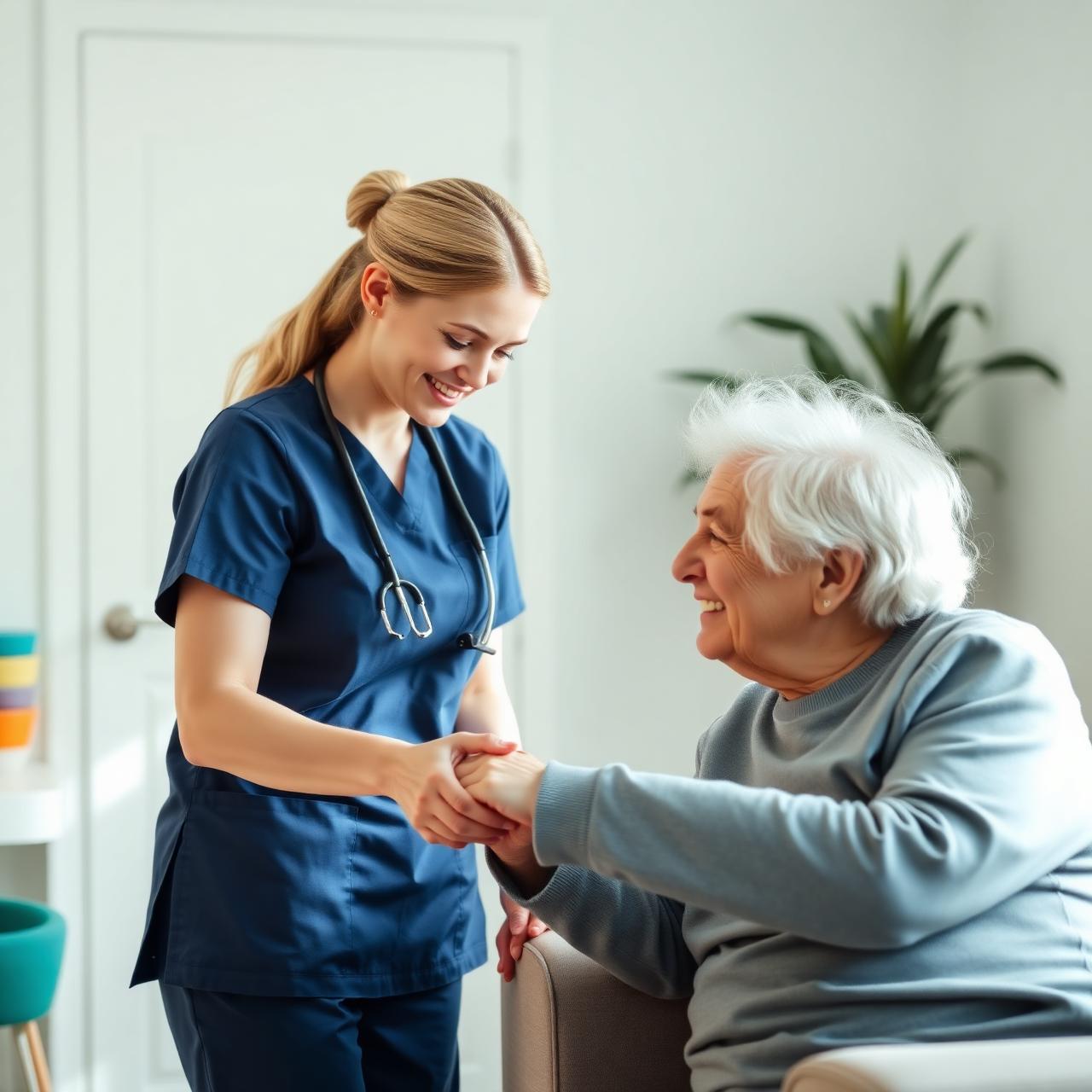 Compassionate nurse caring for an elderly patient at home